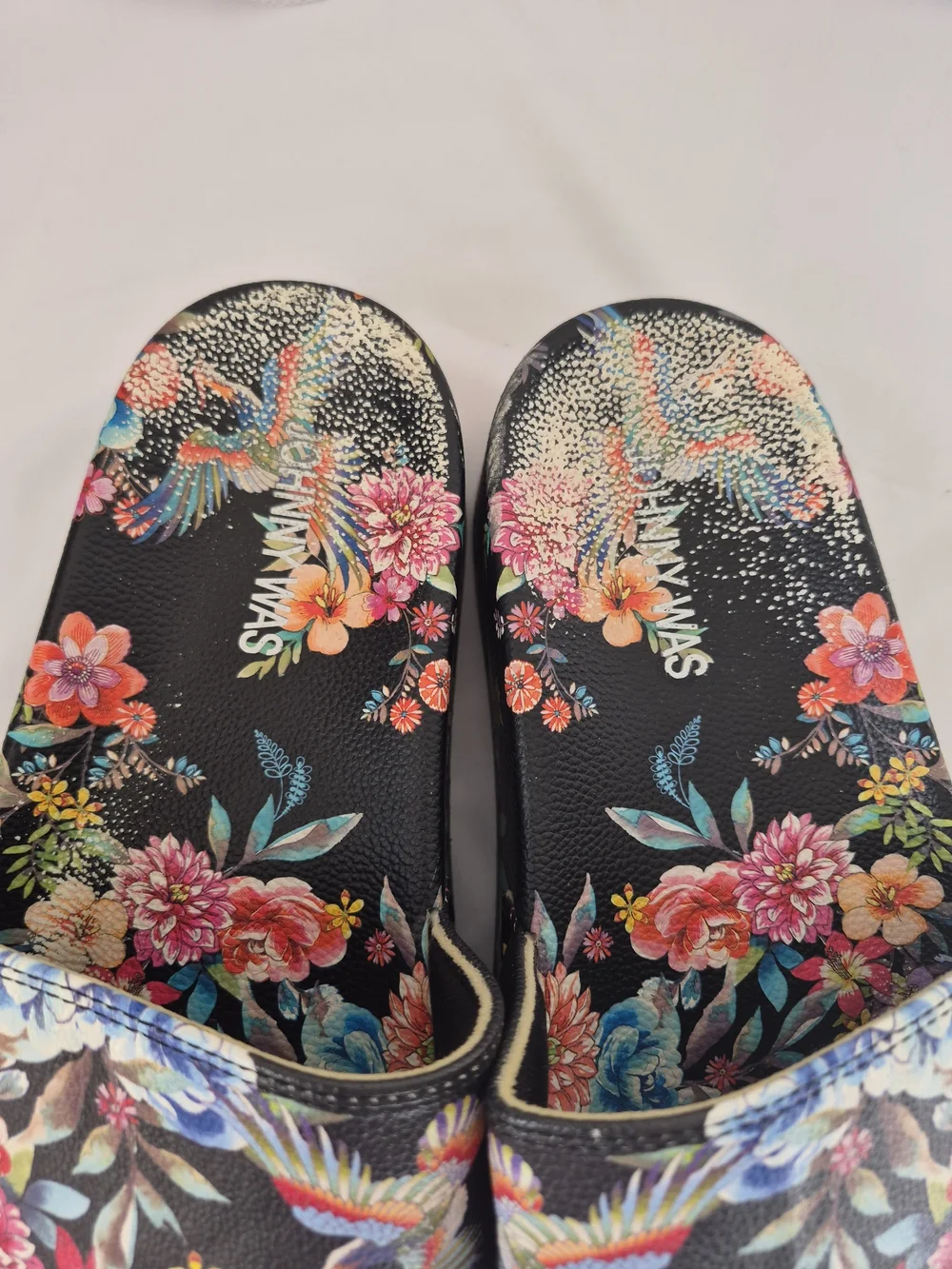 Johnny Was Floral Bird Print Black Slide Sandals 8 - Picture 4 of 8